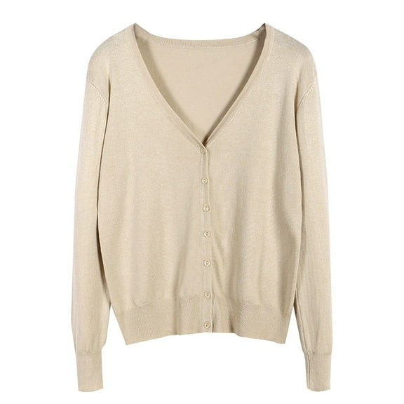 Fiaer Womens Cropped Knitted Cardigan Sweaters Long Sleeves Deep V Neck Oversized Button Down Solid Color Tops Beige XXL