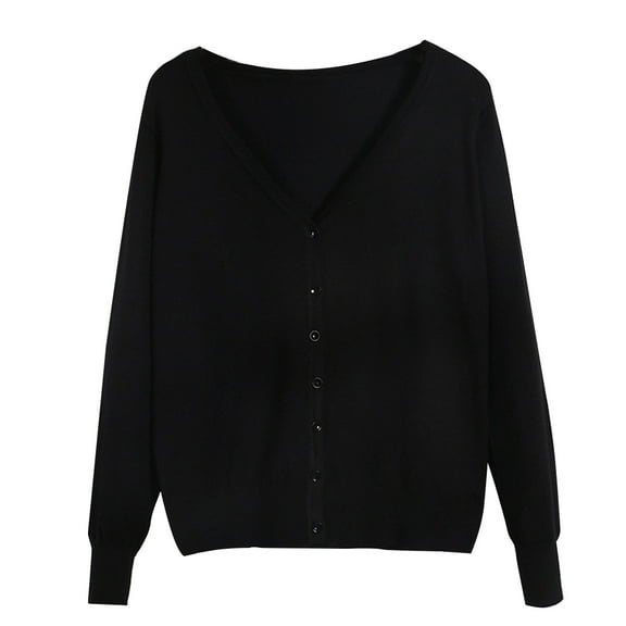 Fiaer Womens Cropped Knitted Cardigan Sweaters Long Sleeves Deep V Neck Oversized Button Down Solid Color Tops Black XXL