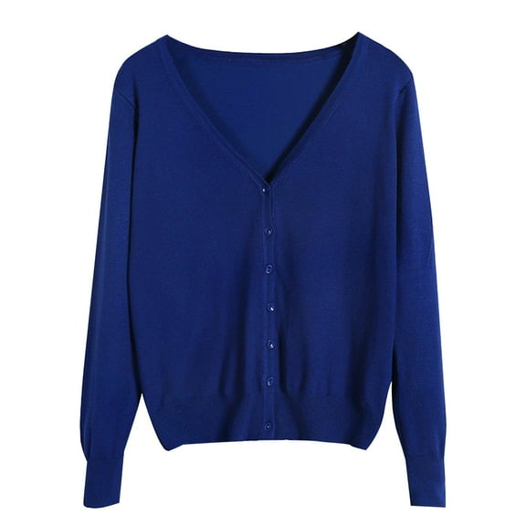 Fiaer Womens Cropped Knitted Cardigan Sweaters Long Sleeves Deep V Neck Oversized Button Down Solid Color Tops Blue XXXXL