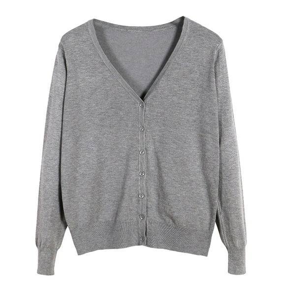 Fiaer Womens Cropped Knitted Cardigan Sweaters Long Sleeves Deep V Neck Oversized Button Down Solid Color Tops Grey XL