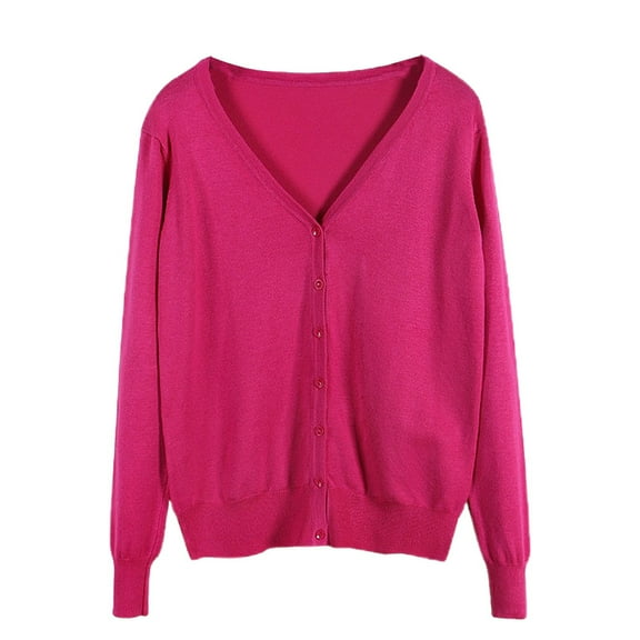 Fiaer Womens Cropped Knitted Cardigan Sweaters Long Sleeves Deep V Neck Slimming Oversized Button Down Solid Color Tops Hot Pink XXXL