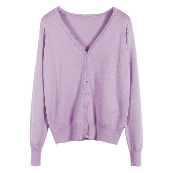 Fiaer Womens Cropped Knitted Cardigan Sweaters Long Sleeves Deep V Neck Oversized Button Down Solid Color Tops Light Purple L