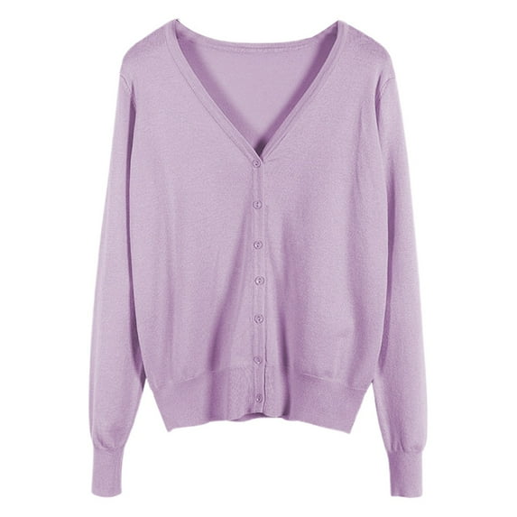 Fiaer Womens Cropped Knitted Cardigan Sweaters Long Sleeves Deep V Neck Oversized Button Down Solid Color Tops Light Purple XXL
