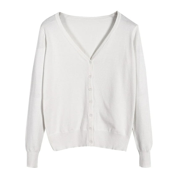 Fiaer Womens Cropped Knitted Cardigan Sweaters Long Sleeves Deep V Neck Oversized Button Down Solid Color Tops White XL