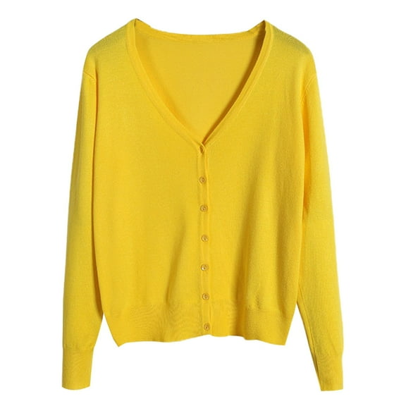 Fiaer Womens Cropped Knitted Cardigan Sweaters Long Sleeves Deep V Neck Oversized Button Down Solid Color Tops Yellow L