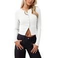 thumbnail image 1 of Fiaer Womens Cropped Sweaters Slim Fit Button down Long Sleeve Crew Neck Basic Solid Lightweight Trendy Knit Tops White XL, 1 of 4
