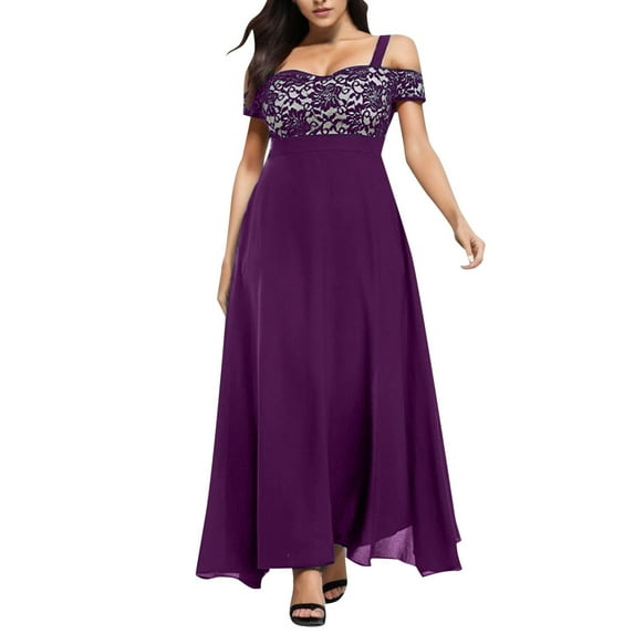 Fiaer Womens Dresses Cold Shoulder Elegant Shorts Sleeve Oversized Lace Chiffon Casual Trendy Loose Fit Max Dress Purple L