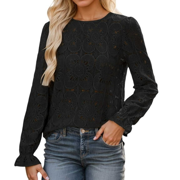 Fiaer,Womens Eyelet Long Sleeve T Shirts,Women's Plus Size Crew Neck Tshirts,Loose Fit Casual Ruffle Sleeve Tops for Women Black1 S