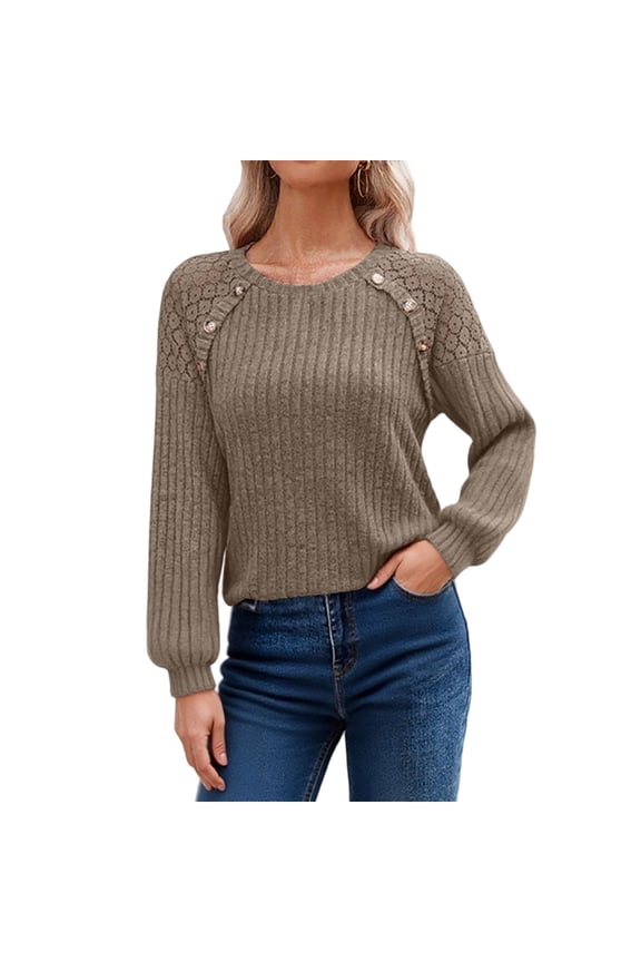 Womens Fall Long Sleeve Tunic Tops Casual Crew Neck Dressy Shirt Lace Patchwork Blouses Plus Size Pullover Sweaters Brown XXL