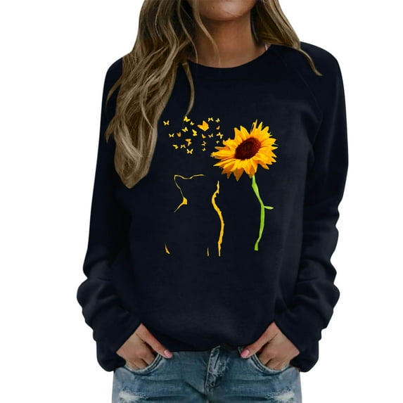 Fiaer,Womens Fall Plus Size Sweatshirts Crewneck Sunflower Graphic Print Pullover Long Sleeve Cute Casual Tops Dark Blue XXL