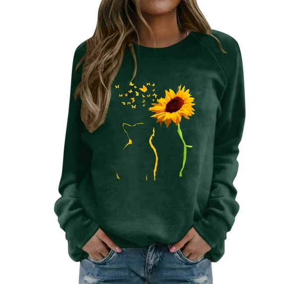 Fiaer,Womens Fall Plus Size Sweatshirts Crewneck Sunflower Graphic Print Pullover Long Sleeve Cute Casual Tops Green L
