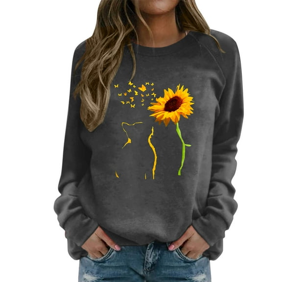 Fiaer,Womens Fall Plus Size Sweatshirts Crewneck Sunflower Graphic Print Pullover Long Sleeve Cute Casual Tops Grey S