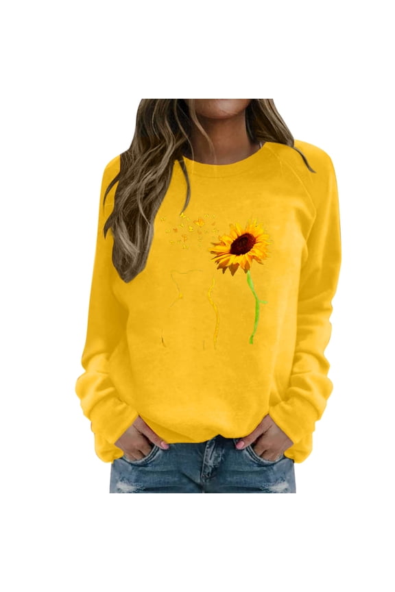 ,Womens Fall Plus Size Sweatshirts Crewneck Sunflower Graphic Print Pullover Long Sleeve Cute Casual Tops Yellow XXL