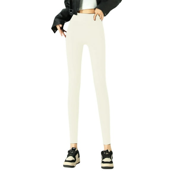 Fiaer Womens Lined Leggings Warm Slim Fit High Waisted Pants Comfort Trendy Solid Color Trousers White S