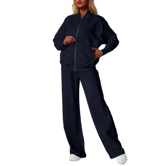 Fiaer,Womens Full Zip Oversized Sweatsuits Sets with Pocket,Long Sleeve V Neck Jacket and Straight Leg Pants 2 Piece,Women's Loose Fit Solid Tracksuit Set Navy XXXL