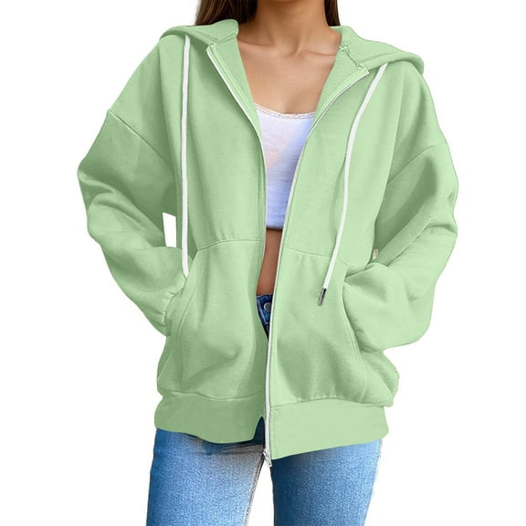 Fiaer Womens Full Zip up Hoodies Long Sleeve Loose Fit Sweatshirts Drawstring Solid Color Casual Trendy Tops with Pocket Light Green S