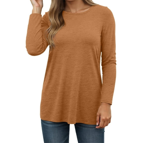 Fiaer.Womens Going out Long Sleeve Tops.Crew Neck Plus Size Loose Fit Tshirts for Women.Women's Casual Trendy Basic T Shirts Bronze XL