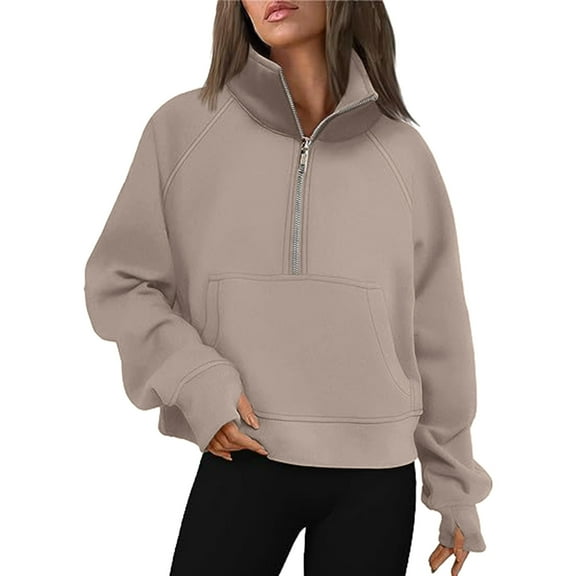 Fiaer,Womens Half Zip Cropped Turtleneck Pullovers,Women's Loose Fit Casual Trendy Sweatshirts with Pockets,Solid Color Breathable Tops Khaki M