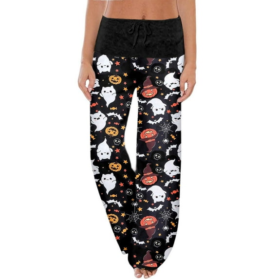 Fiaer Womens Halloween Pajamas Pants Loose Fit Pumpkin Witch Hat High Waisted Lace up Loungewear Trousers Black1 S