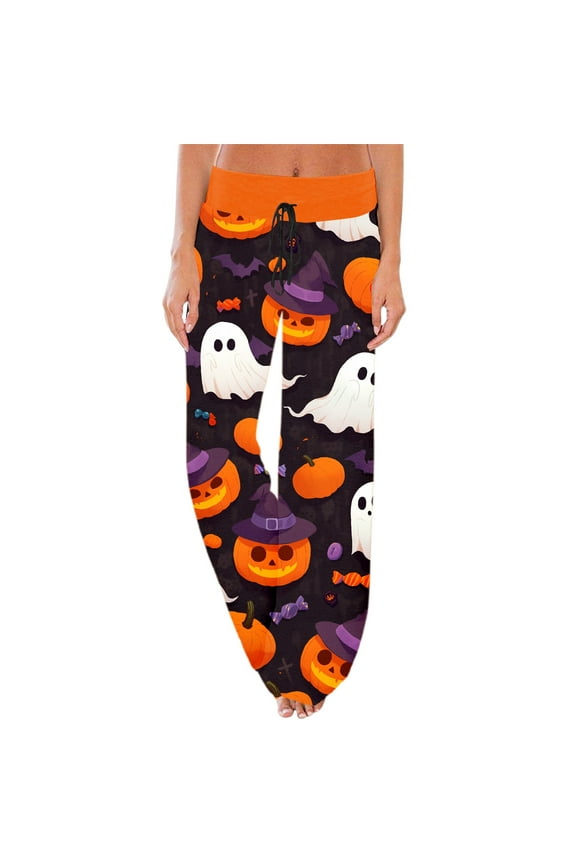 Womens Halloween Pajamas Pants Pumpkins Sleepwear Trousers Cute Soft Loose Fit Trendy High Waist Pjs Slacks White XL