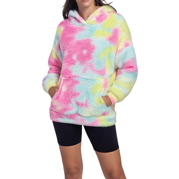 Fiaer Womens Hoodie Lined Thermal Hooded Sweatshirts Oversized Thickened Tie-Dye Warm V Neck Long Sleeve Pocket Tops Pink XXXL