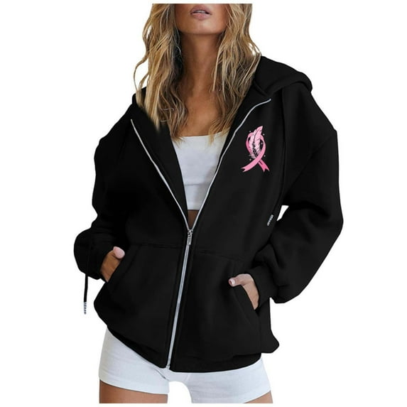 Fiaer Womens Hoodies Cancer Awareness Ribbon Feather Print Full Zip up Drawstring Hooded Sweatshirts Long Sleeve Loose Trendy Jackets with Pocket Black20 XXL