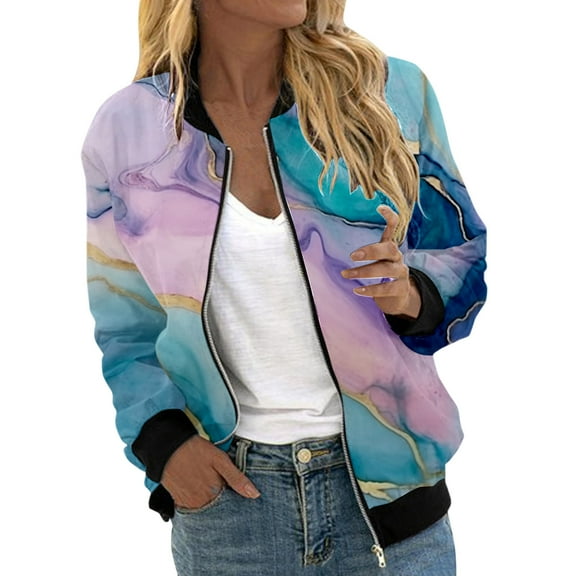 Fiaer Womens Jackets Trendy Crew Neck Long Sleeve Sweatshirts Floral Printed Full Zip up Loose Fit Pocket Tops Purple M