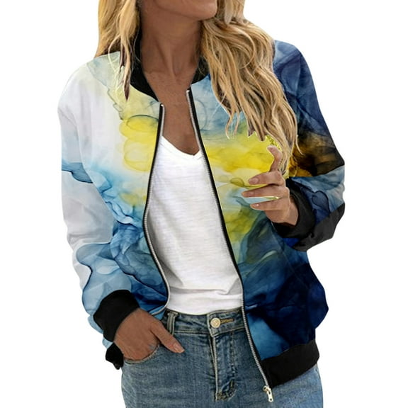 Fiaer Womens Jackets Trendy Crew Neck Long Sleeve Sweatshirts Floral Printed Full Zip up Loose Fit Pocket Tops Yellow XL