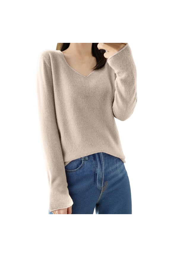Womens Knit Sweaters V Neck Long Sleeve Solid Color Casual Trendy Loose Fit Breathable Comfort Tops Khaki S