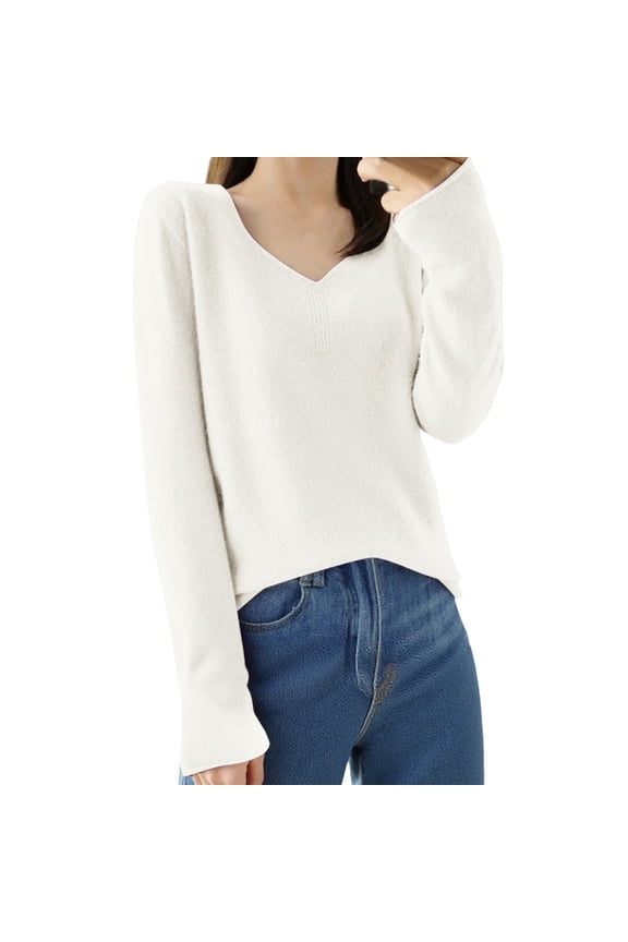 Womens Knit Sweaters V Neck Long Sleeve Solid Color Casual Trendy Loose Fit Breathable Comfort Tops White S