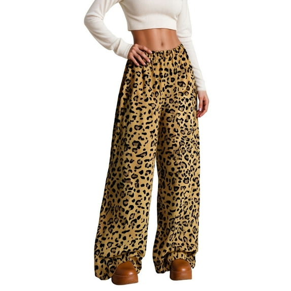 Fiaer Womens Leopard Pants Flannel Warm Wide Leg Trousers High Waisted Lace up Baggy Trendy Casual Slacks Brown XL