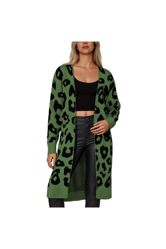 Womens Leopard Print Cardigans Long Sweaters Oversized Long Sleeve Loose Trendy Open Front Knit Tops Green S