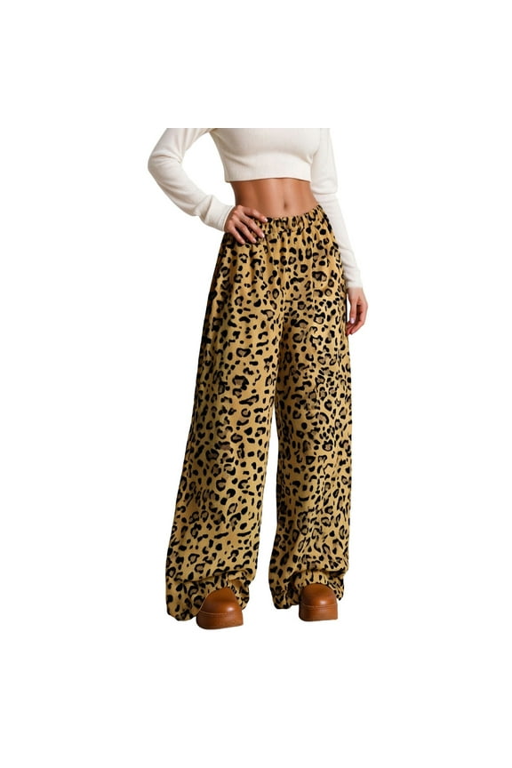 Womens Leopard Print Oversized Pants Wide Leg High Waisted Trousers Loose Fit Casual Trendy Comfortable Party Slacks with Pockets Brown XL