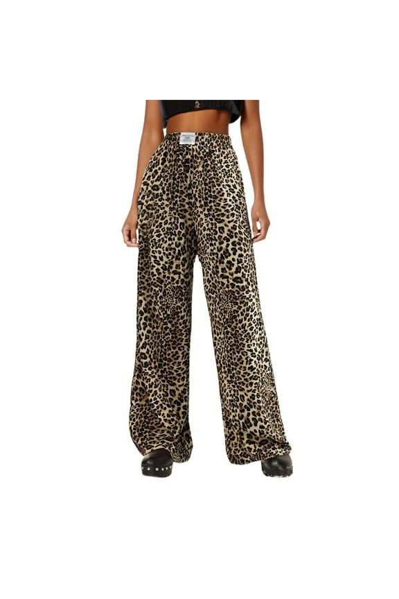 Womens Leopard Print Oversized Pants Wide Leg High Waisted Trousers Loose Fit Casual Trendy Comfortable Party Slacks with Pockets Coffee XL