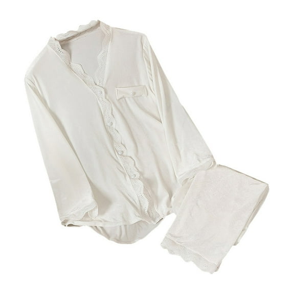 Fiaer,Womens Lightweight Lace Trim Pajamas Sets,Plus Size Button down Sleepwear 2 Piece,Ladies Soft Loose Fit Pjs Lounge Outfits with Pocket White XXL