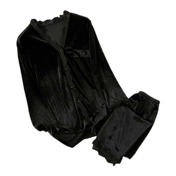 Fiaer,Womens Lightweight Lace Trim Pajamas Sets,Plus Size Button down Sleepwear 2 Piece,Ladies Soft Loose Fit Pjs Lounge Outfits with Pocket Black XL