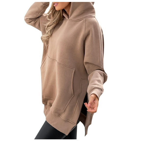 Fiaer,Womens Long Hoodies,Women's Casual Trendy Plus Size Long Sleeve Hooded Sweatshirts,Ladies Loose Fit Warm Solid Spliced Hooded Pullovers Khaki S