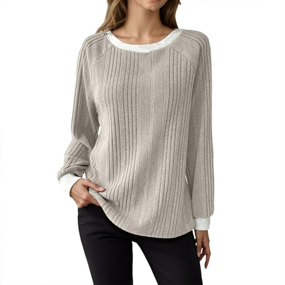 Fiaer,Womens Long Sleeve Going out Tops,Plus Size Casual Crew Neck Tshirts for Women,Ladies Loose Fit Trendy Color Blocking Classic T Shirts Beige XXL