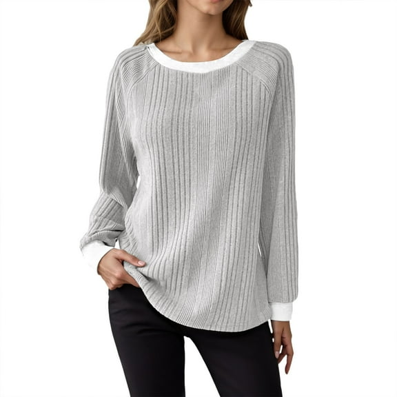 Fiaer.Womens Long Sleeve Going out Tops.Plus Size Casual Crew Neck Tshirts for Women.Ladies Loose Fit Trendy Color Blocking Classic T Shirts Grey XL
