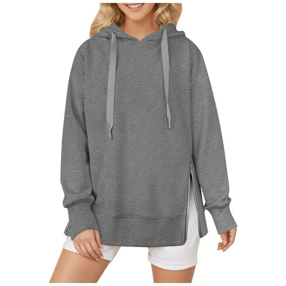 Fiaer,Womens Long Sleeve Plus Size Both Side Zip Hoodies,Women's Loose Fit Casual Hooded Sweatshirts,Ladies Trendy Drawstring Solid Hooded Pullovers Grey XL