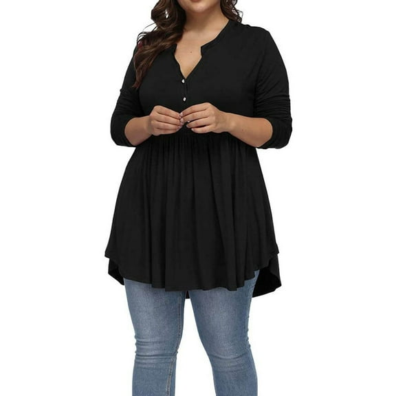 Fiaer Womens Long Sleeve T Shirts Oversized Button up Deep V Neck Tshirts Loose Fit Fall Ruffle Hem Tops Black XXL