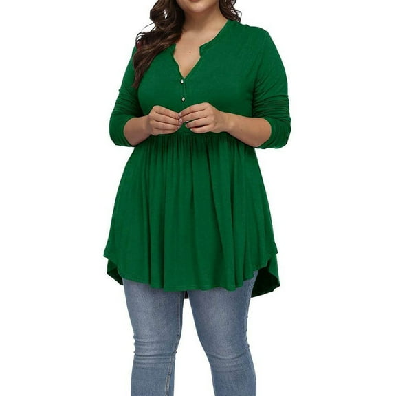 Fiaer Womens Long Sleeve T Shirts Oversized Button up Deep V Neck Tshirts Loose Fit Fall Ruffle Hem Tops Green XXXXL