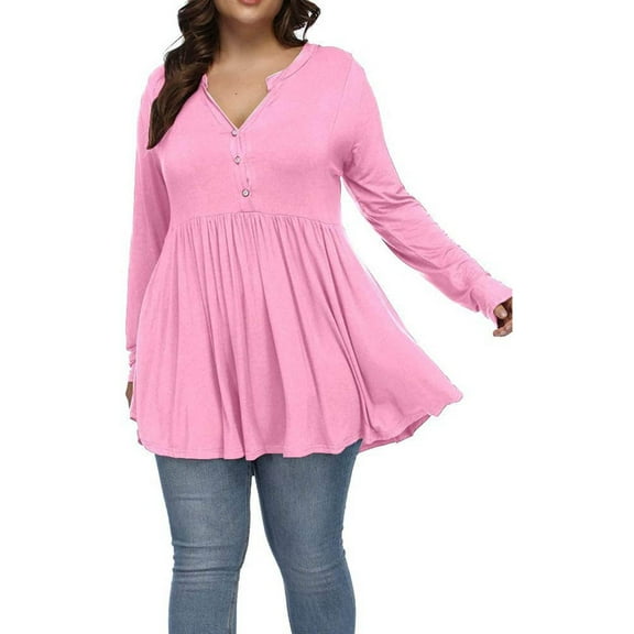 Fiaer Womens Long Sleeve T Shirts Oversized Button up Deep V Neck Tshirts Loose Fit Fall Ruffle Hem Tops Pink XXXXL