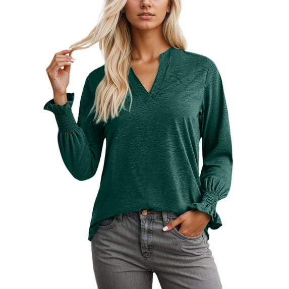 Fiaer Womens Long Sleeve T Shirts Oversized V Neck Tshirts Loose Fit Casual Fashion Solid Color Ruffle Sleeve Tops Green XXL