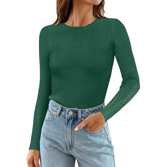 Fiaer Womens Long Sleeve T Shirts Ribbed Slim Fit Crew Neck Long Tshirts Fall Winter Fashion Solid Color Tops Army Green XL