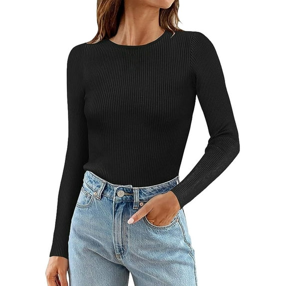 Fiaer Womens Long Sleeve T Shirts Ribbed Slim Fit Crew Neck Long Tshirts Fall Winter Fashion Solid Color Tops Black M