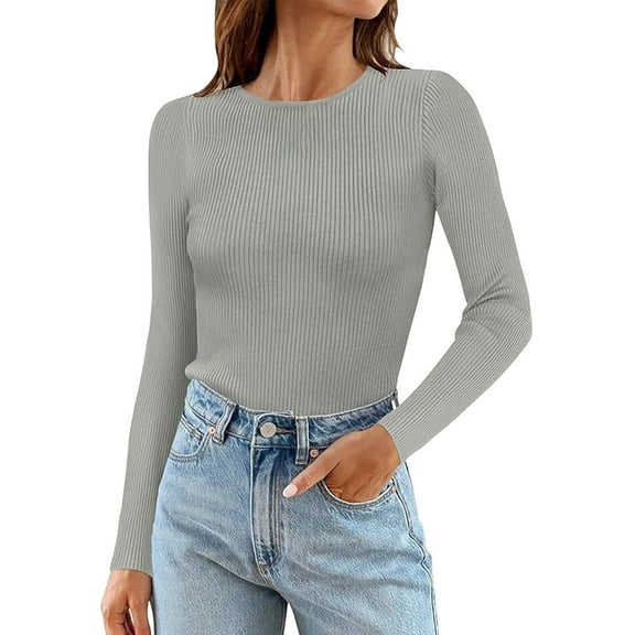 Fiaer Womens Long Sleeve T Shirts Ribbed Slim Fit Crew Neck Long Tshirts Fall Winter Fashion Solid Color Tops Grey M