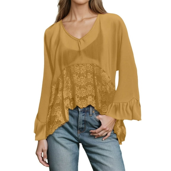 Fiaer.Womens Long Sleeve V Neck Chiffon Tshirts.Women's Loose Fit Ruffle Sleeve Lace Spliced Transparent T Shirts.Casual Trendy Tops for Women Yellow S