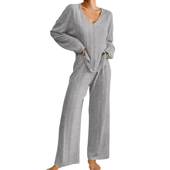 Fiaer,Womens Loose Fit Knit Lounge Wear Sets,Women's 2 Piece Sets for V Neck Long Sleeve T Shirt and Elastic Waisted Palazzo Pants,Plus Size Casual Trendy Lightweight Outfits Set Grey1 L