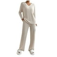 thumbnail image 1 of Fiaer,Womens Loose Fit Knit Lounge Wear Sets,Women's 2 Piece Sets for V Neck Long Sleeve T Shirt and Elastic Waisted Palazzo Pants,Plus Size Casual Trendy Lightweight Outfits Set Khaki XL, 1 of 6